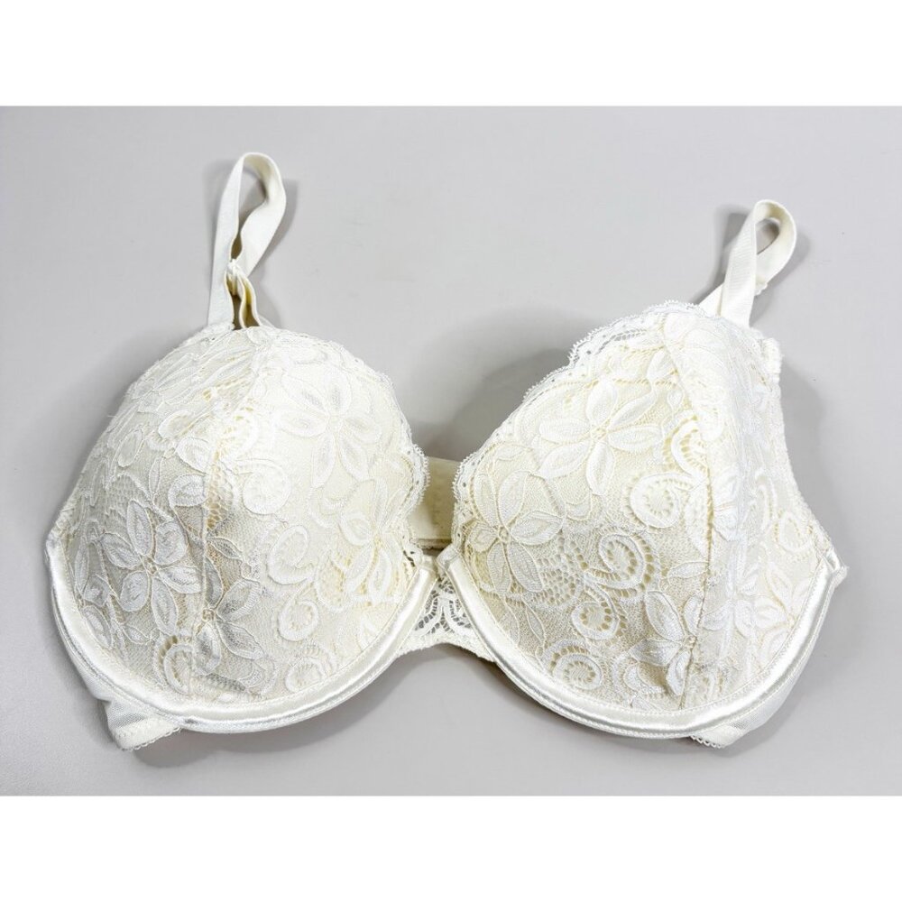 Wonderbra 38D Pale Yellow Cream Lace Bra 7263 Mesh Back Strap EUC